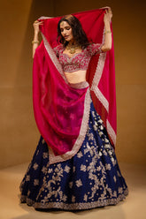 Indigo Blue Raw Silk Heavy Designer Handworked Lehenga with Curved Sweet-Heart Neck Blouse
